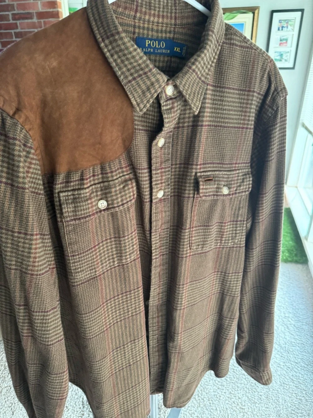Ralph Lauren Brown Plaid Button-Down with Suede Shoulder - Picture 5 of 6